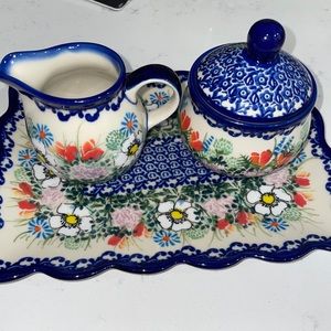 Polish Pottery KAKICH~ UNIKAT set of 3 sugar, bowl cleaner, and Trey